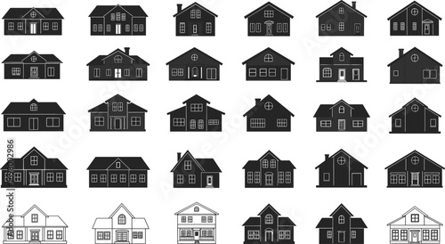 Collection of Black and White House Silhouettes Featuring Various Architectural Styles home building