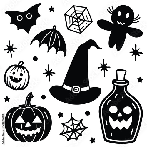 A collection of hand-drawn black silhouette Halloween icons including a witch hat, pumpkins, and a bat.