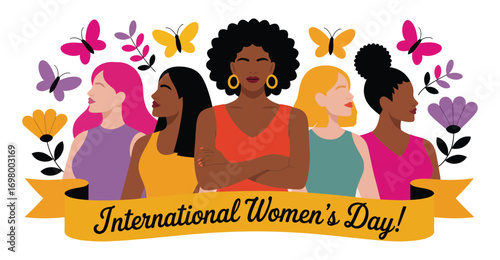 international women’s day illustration with diverse women, flowers, butterflies, and ribbon celebrating unity, empowerment, and equality