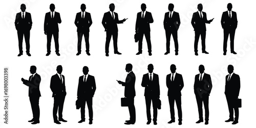 Collection of businessman silhouettes in various poses and suits on white background Keywords: businessman, silhouette, suit