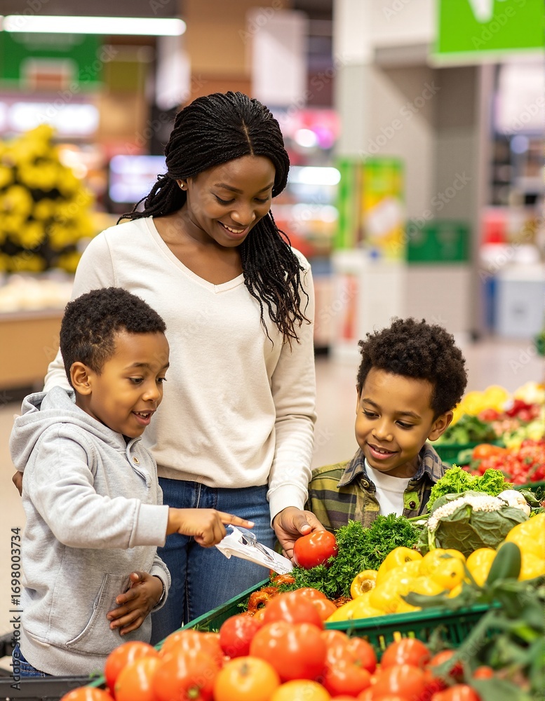 Naklejka premium A woman with long brown hair, wearing a blue dress, smiles as she shops with two children, a boy and a girl, in the vibrant produce section filled with fresh fruits and vegetables.