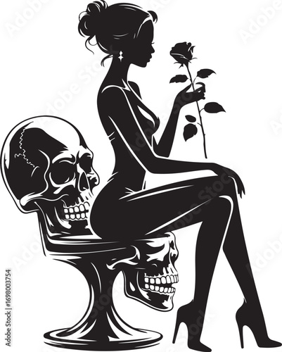 Silhouette Woman Sitting on Skull Chair Holding Rose female girl