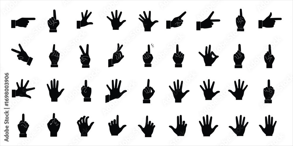 Naklejka premium Diverse collection of black hand gesture silhouettes on a white background Keywords: hand, gesture, silhouette, finger, pointing