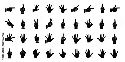 Diverse collection of black hand gesture silhouettes on a white background Keywords: hand, gesture, silhouette, finger, pointing