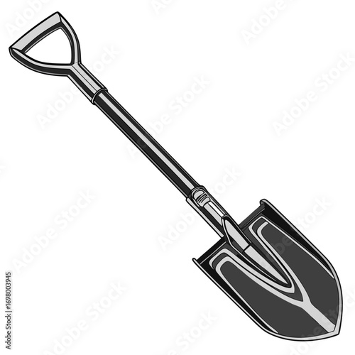 A detailed illustration of a modern black and silver d handle garden shovel on a white background