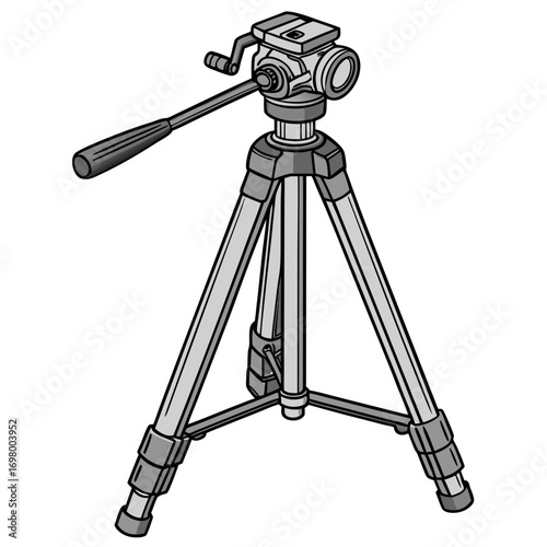 A detailed illustration of a professional camera tripod with a pan and tilt head and adjustable legs