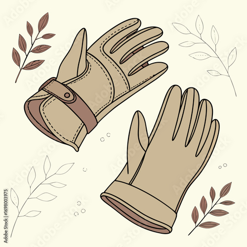 A pair of tan leather gloves with a strap and buckle detail surrounded by delicate botanical illustrations