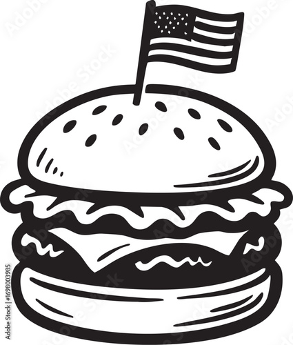 American Hamburger Illustration in Black and White with Flag for Cuisine, Culture, and National Celebration Themes
