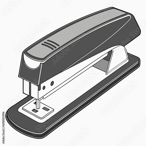 A realistic grayscale illustration of a modern office stapler with its mechanism exposed and ready to staple paper