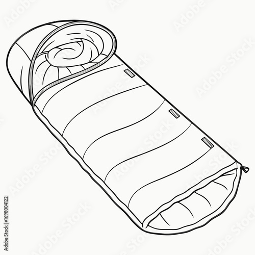 Black and white illustration of a rolled up sleeping bag with stripes and a drawstring closure