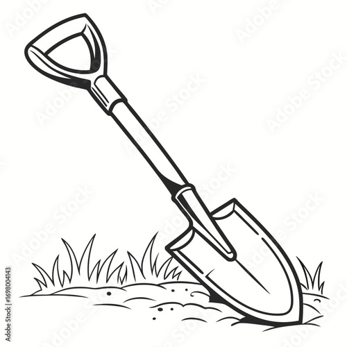 Black and white illustration of a shovel digging into the ground with grass and soil