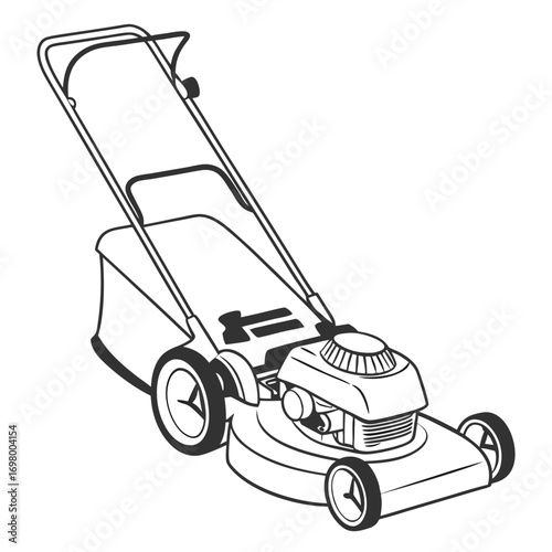 Black and white line drawing illustration of a modern gasoline powered lawn mower with a grass catcher