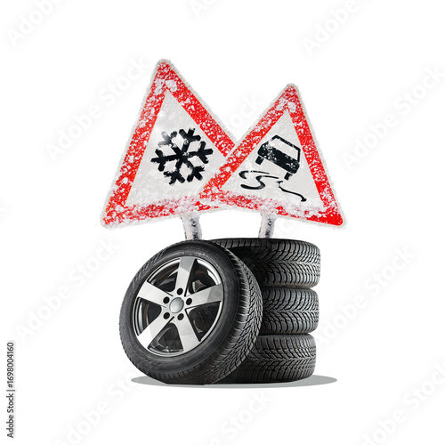 Flat design Illustration. Car tires isolated on free png background. Call - time to change tires. car tires with warning road signs - snowfall and slippery roads.