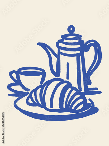 Coffee pot croissant and cup minimalist sketch vector illustration
