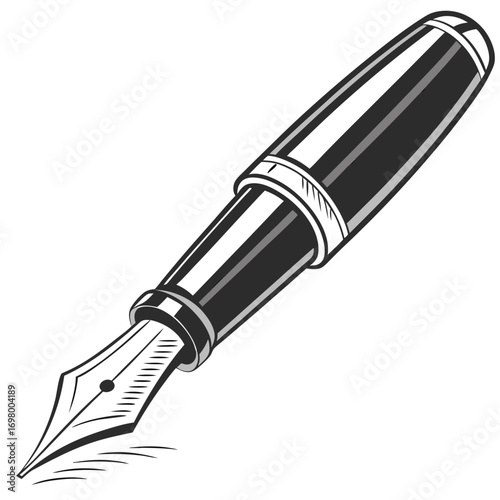 Classic black and white illustration of a fountain pen with a nib poised to write on a white background