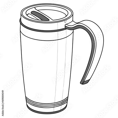 Clean line art illustration of a modern travel mug with a handle and lid on a white background