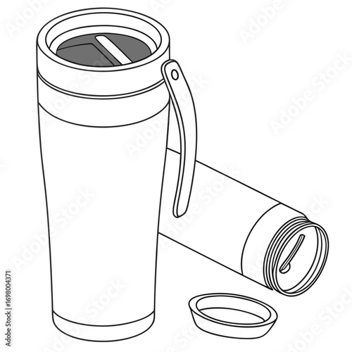 Clean line art illustration of a reusable travel mug with a handle and a separate lid and a second mug lying down