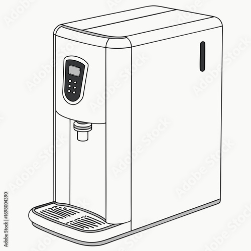 Clean line drawing illustration of a modern white water dispenser with digital display and drip tray