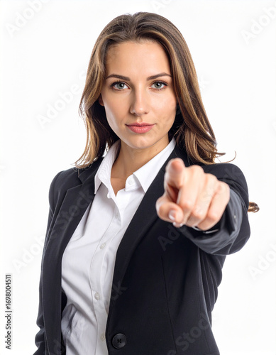 Mujer ejecutiva trabajadora señalando con el dedo gesto de autoridad liderazgo confianza profesionalismo empoderamiento igualdad laboral mujer de negocios Día Internacional de la Mujer