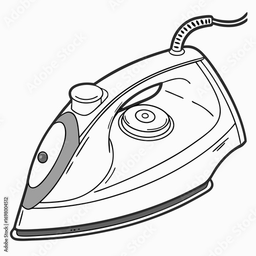 Detailed black and white line art illustration of a modern electric steam iron with a power cord