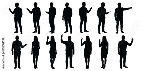 Diverse Silhouettes of Men and Women Pointing and Waving on White Keywords: silhouette, people, man, woman, pointing, waving