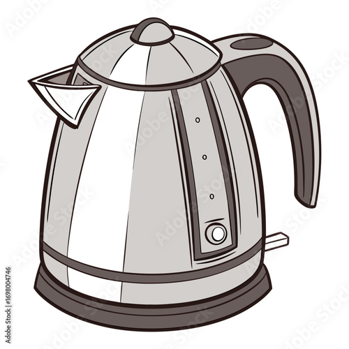Modern stainless steel electric kettle with a black handle and base on a white background