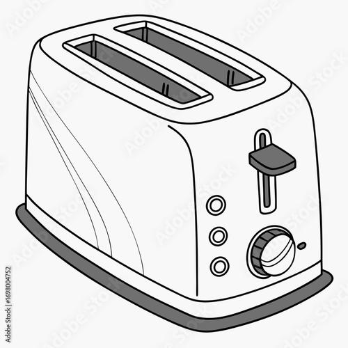 Modern two slice toaster with control knobs and lever isolated on white background line art
