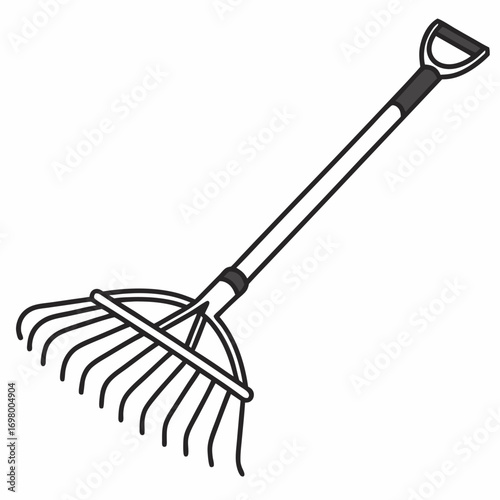 Simple line art illustration of a garden rake with a d shaped handle on a white background