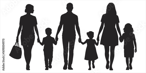 Family Silhouette Walking Hand In Hand With Children On White Background parents kids