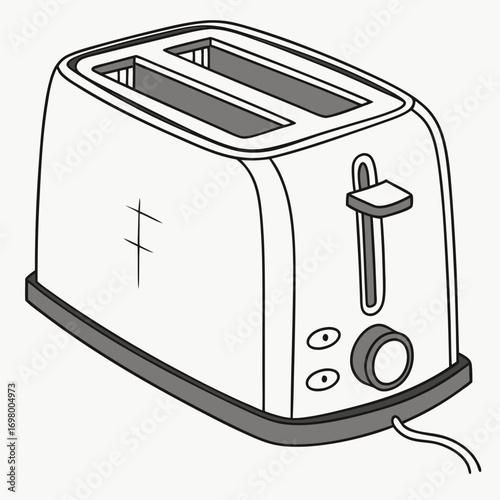 Simple line art illustration of a white two slice toaster with a lever and dial controls