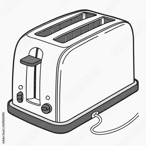 Simple line art illustration of a two slice white and gray kitchen toaster with a power cord