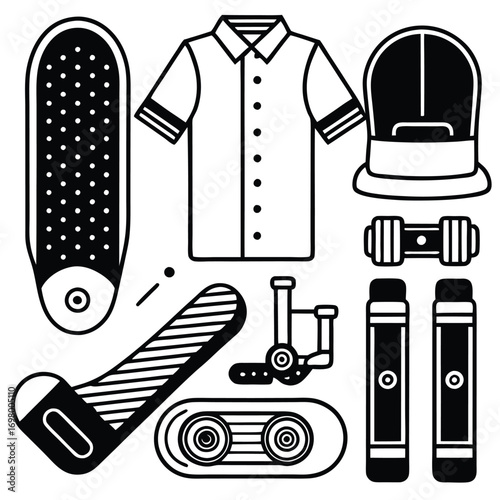 A collection of black and white line art icons depicting various sports and leisure equipment including a skateboard, shirt, cap, dumbbell, snowboard, and ski poles.