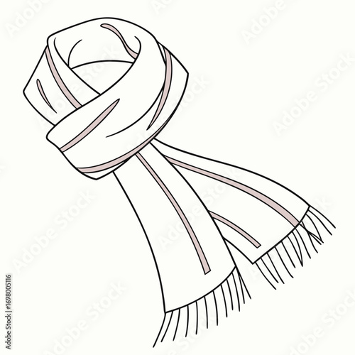 Stylized illustration of a white scarf with subtle pink stripes and fringe elegantly draped