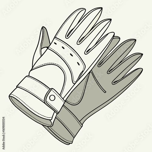 Stylized line art illustration of two leather gloves with straps and stitching detail