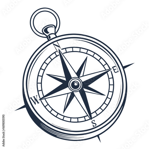 Vintage nautical compass rose with north south east west directions and hanging loop