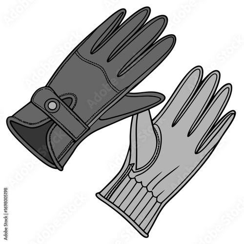 Two stylish leather gloves with stitching and a snap closure displayed on a white background