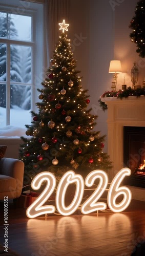 Golden “2026” beside a decorated Christmas tree with lights, ornaments, and gifts, creating a warm, cozy, and festive atmosphere for New Year and holiday celebrations.