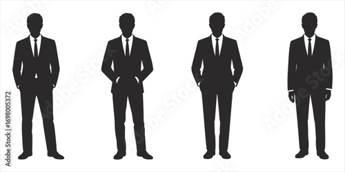 Four male silhouettes in formal suits with hands in pockets and standing upright Keywords: man suit silhouette businessman formal