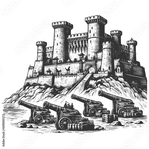 fortified castle with towers, cannons aimed at the shoreline, barrels, crates, and birds flying overhead sketch engraving generative ai vector illustration. Scratch board imitation. Black and white.