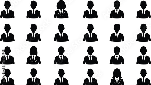 Grid of black silhouette business person icons with diverse hairstyles on white people