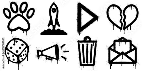Urban graffiti stencil designs in black spray paint featuring a paw print, rocket launch, play button, broken heart, dice, megaphone, trash can, and envelope.