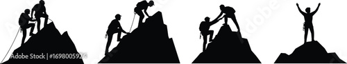 Mountain Climbing Silhouettes Showing Teamwork and Achievement on White Background climber
