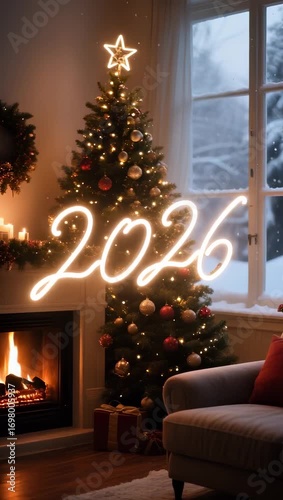 Golden “2026” beside a decorated Christmas tree with lights, ornaments, and gifts, creating a warm, cozy, and festive atmosphere for New Year and holiday celebrations.