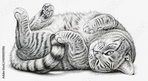 Cat on back with raised paws in pencil sketch style in black and white