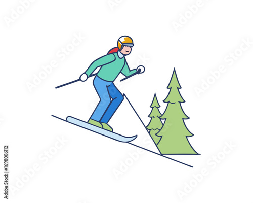 Professional skier jumping on snowy hill, ski resort with pine trees, active winter sports vector illustration