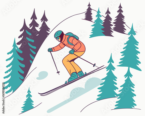 Professional skier jumping on snowy hill, ski resort with pine trees, active winter sports vector illustration