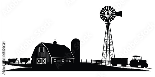 Rural Farm Scene Silhouette with Barn, Silo, Windmill, Tractor, and Cows vector illustration