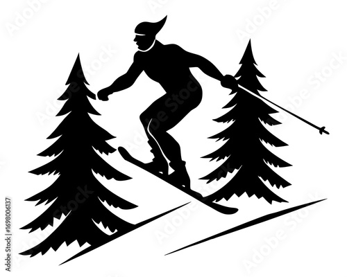 Professional skier jumping on snowy hill, ski resort with pine trees, active winter sports vector illustration
