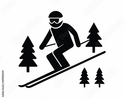 Professional skier jumping on snowy hill, ski resort with pine trees, active winter sports vector illustration