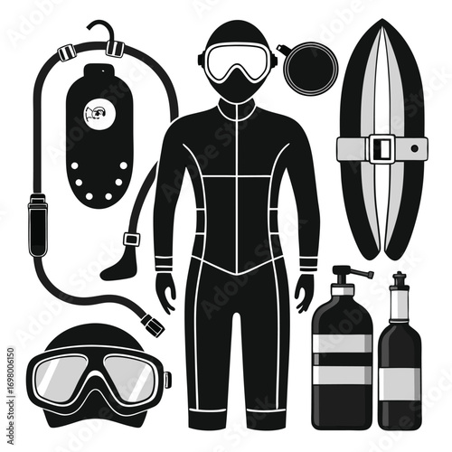A comprehensive collection of black silhouette icons depicting various scuba diving and water sports equipment, including wetsuit, mask, fins, tank, regulator, and surfboard.